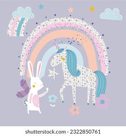 cute rabbit and unicorn and rainbow and cloud flower