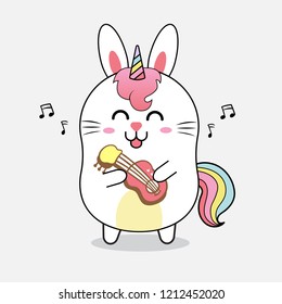 cute rabbit unicorn singing with guitar,sweet cartoon 