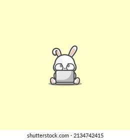 cute rabbit using laptop vector illustration