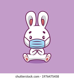 Cute rabbit using mask cartoon illustration The Concept of Isolated Technology. Flat Cartoon Style Suitable for Landing Web Pages, Banners, Flyers, Stickers, Cards