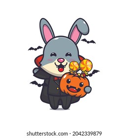 cute rabbit vampire holding halloween pumpkin.
