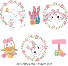 cute rabbit vector with bow, eggs, easter, basket of eggs, flowers