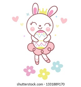 Cute Rabbit Vector Bunny cartoon with Easter eggs and flower background: Eggs hunt. Cartoon character kawaii design- Illustration Perfect for kid's greeting card design and Print for t-shirt.