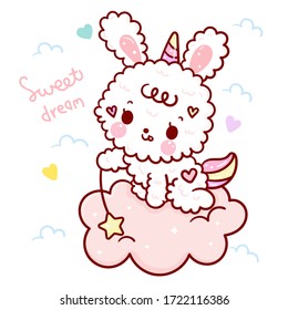 Cute rabbit vector bunny cartoon wear horn magic sleeping time for sweet dream: Series Kawaii animal character design. Girly Doodle pastel color. Perfect for kids greeting card design, t-shirt print.