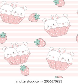 Cute rabbit vector with cupcake cartoon (Kawaii animal): Pastel color kid food dessert bakery product fabulous fashion child decoration cafe shop, Invitation post, t-shirt