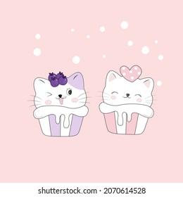 Cute rabbit vector with cupcake cartoon (Kawaii animal): Pastel color kid food dessert bakery product fabulous fashion child decoration cafe shop, Invitation post, t-shirt