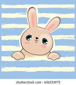 Cute rabbit vector illustration,  print design rabbit on striped background, children print on t-shirt
