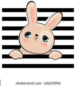 Cute rabbit vector illustration,  print design rabbit on striped background, children print on t-shirt