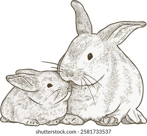 Cute rabbit vector illustration series 5. Vintage hand drawn style