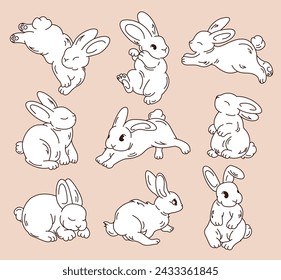 Cute rabbit vector illustration set. Easter cartoon bunny isolated on beige background. Hand drawn sketches of rabbits. Happy Easter elements.