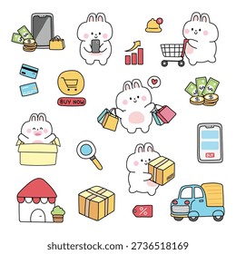Cute rabbit vector illustration set regarding e-commerce and logistics. Collection of hand drawn bunny mascot character in various poses with shopping cart, payment method, delivery truck, and mobile application for online store marketing.