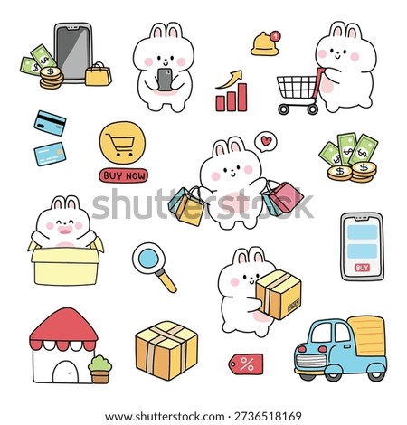Cute rabbit vector illustration set regarding e-commerce and logistics. Collection of hand drawn bunny mascot character in various poses with shopping cart, payment method, delivery truck, and mobile application for online store marketing.