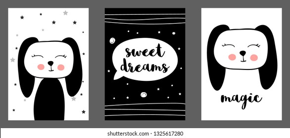 Cute rabbit  vector print in scandinavian style. Set of hand drawn vector illustrations for  cards, posters, cards, t-shirts, book, textile.