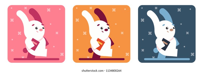 A cute rabbit walking on the road. Vector flat illustration