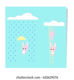 Cute rabbit walking with umbrella in the rain. Bunny on the ladder