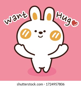 Cute rabbit want hug in cartoon style on pink background.Animal doodle.Hand drawn.Kawaii.Children's wear.Image for card,poster,banner,sticker.Vector.Illustration.