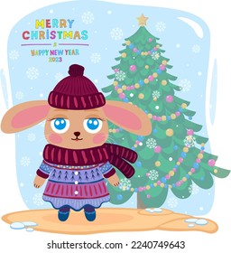 Cute rabbit in a warm dress, scarf and hat on the background of a decorated Christmas tree. Merry Christmas and Happy New Year 2023 lettering, vector illustration