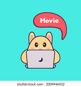 Cute rabbit is watching a movie. Animal cartoon concept isolated. Can used for t-shirt, greeting card, invitation card or mascot.