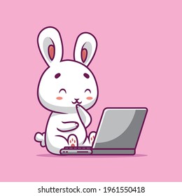 cute rabbit watching movie on laptop cartoon illustration The Concept of Isolated Technology. Flat Cartoon Style Suitable for Landing Web Pages, Banners, Flyers, Stickers, Cards