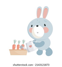 Cute Rabbit with Watering Can. Vector illustration. For kids stuff, card, posters, banners, children books, printing on the pack, printing on clothes, fabric, wallpaper, textile or dishes.