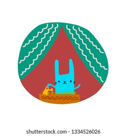 Cute rabbit watering flowers hand drawn illustration cartoon style