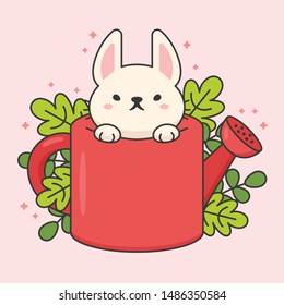 Cute rabbit in a watering and leaves cartoon animal character vector. Cartoon character design.