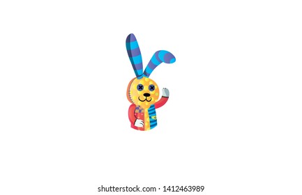 cute rabbit, rabbit waving his hand. Rabbit sewn from fabric. - vector
