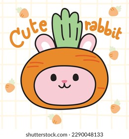 Cute rabbit wear carrot hat costume on white background.Pet animal character cartoon design.Vegetable pastel.Easter day.Kawaii.Vector.Illustration.