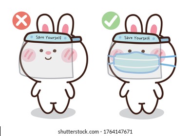 Cute conejo usar el escudo facial y la máscara proteger del virus.COVID-19,concepto de coronavirus.Diseño de caricaturas.Dibujo a mano animal.Kawaii.Vector.Illustrator.Illustrator.