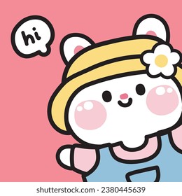 Cute rabbit wear hat greeting on pink background.Rodent animal character cartoon design.Image for card,poster,cover book,baby clothing.Bunny hand drawn.Kawaii.Vector.Illustration.