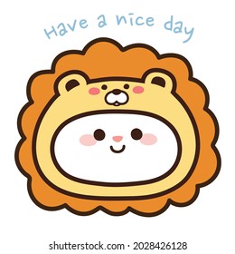 Cute rabbit wear lion head costume on white background.Animal character design.Isolated.Kid graphic.Kawaii.Vector.Illustration.