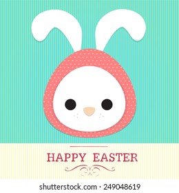 cute rabbit wear polka dot wrap as egg with text " happy easter ".