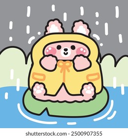 El abrigo lindo de la lluvia del desgaste del conejo se sienta en el fondo del río de la hoja. Pascua. Estación lluviosa. Diseño de dibujos animados del carácter animal del roedor. Kawaii. Vector.