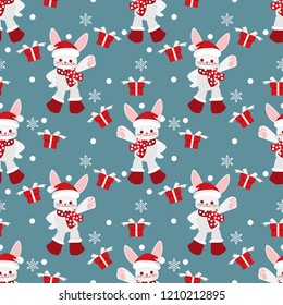 Cute rabbit wear Santa hat and red scarf with gift box and snowflakes seamless pattern on blue background. Cute cartoon character design for winter holidays greeting season wrapping papers etc.