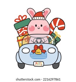 Cute rabbit wear santa hat with gift box on car.Merry christmas concept.Animal character cartoon design.Winter.New year festival.Kawaii.Vector.Illustration.