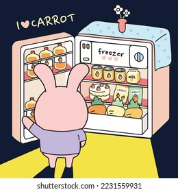 Cute rabbit wear sleep clothing open refrigerator at night.Food and beverage in carrot flavor.Animal funny character cartoon design.Night background.Kawaii.Vector.Illustration.