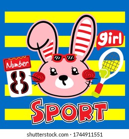  Cute Rabbit Wear sunglasses with Tennis Sport game girl  сartoon characte and Tennis racket.Yellow blue Striped background  Vector illustration.