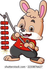 Cute rabbit wearing chinese traditional dress and holding hanging firecrackers of illustration