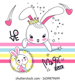 Cute rabbit wearing crown and holding magic wand isolated white background illustration vector, T-shirt design for kids.