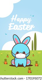 cute rabbit wearing face mask to prevent coronavirus happy easter bunny sitting in green grass sticker spring holiday concept vertical greeting card vector illustration