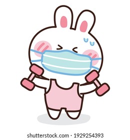 Cute rabbit wearing face mask to do exercise in cartoon.Virus protection.Covid-19 concept.Animal character design.Kid graphic.Tried face bunny.Kawaii.Vector.Illustration.