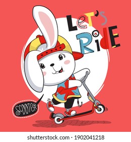 Cute rabbit wearing hat riding electric scooter on red background illustration vector, T-Shirt design for kids.