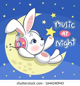 Cute rabbit wearing headphones and listening to music at night sitting on the moon on blue background illustration vector.