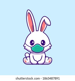 Cute Rabbit Wearing Mask Cartoon Vector Icon Illustration. Animal Healthy Icon Concept Isolated Premium Vector. Flat Cartoon Style