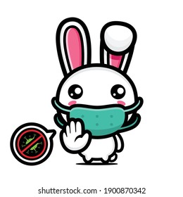 cute rabbit wearing a mask with a stop virus pose