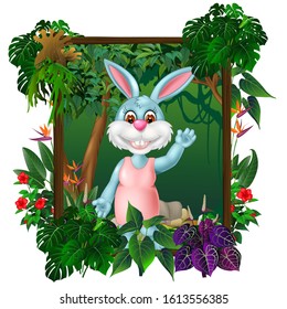 Cute Rabbit Wearing Pink Dress In Forest With Tropical Plant And Wood Square Frame Cartoon
