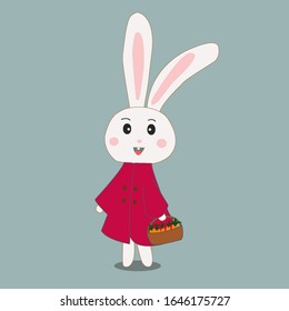 Cute Rabbit Wearing Red Coat Bring Carrot Vector