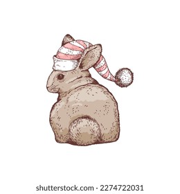 Cute rabbit wearing Santa Claus hat, sketch vector illustration isolated on white background. Hand drawn fluffy bunny in winter hat. Winter holidays concept.