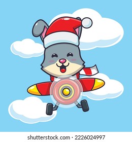 Cute rabbit wearing santa hat flying with plane. Cute christmas cartoon illustration. 