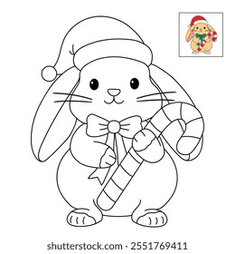 Cute Rabbit wearing santa hat and holding candy cane coloring pages for kids. Trace and color rabbit Christmas character. Holiday seasons worksheet printable for kids. Christmas worksheet.